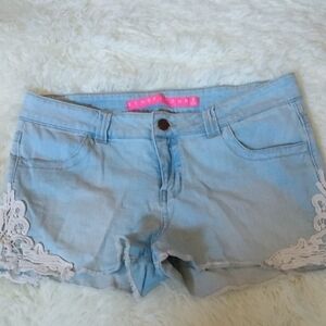 Light Blue Denim Shorts with Lace Trim